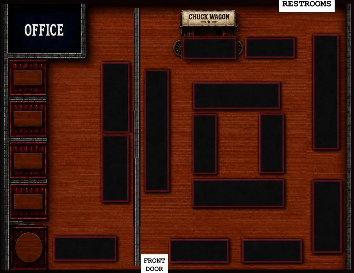 Original Chuck Wagon event layout, with office at upper left and front door at the bottom